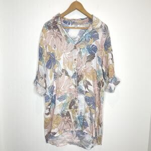 Rosemarine Linen Shirt Dress Womens Large Long Sleeve Roll Tab Floral Print